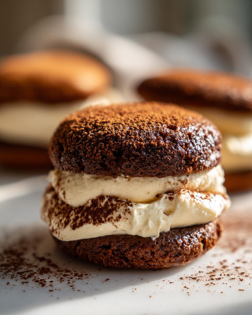 A close-up of a decadent tiramisu cookie sandwich filled with thick cream and dusted heavily with cocoa powder.