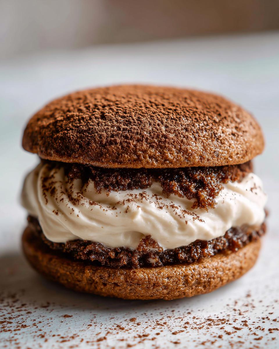 A close-up of a decadent tiramisu cookie sandwich filled with creamy mascarpone filling and dusted with cocoa powder.