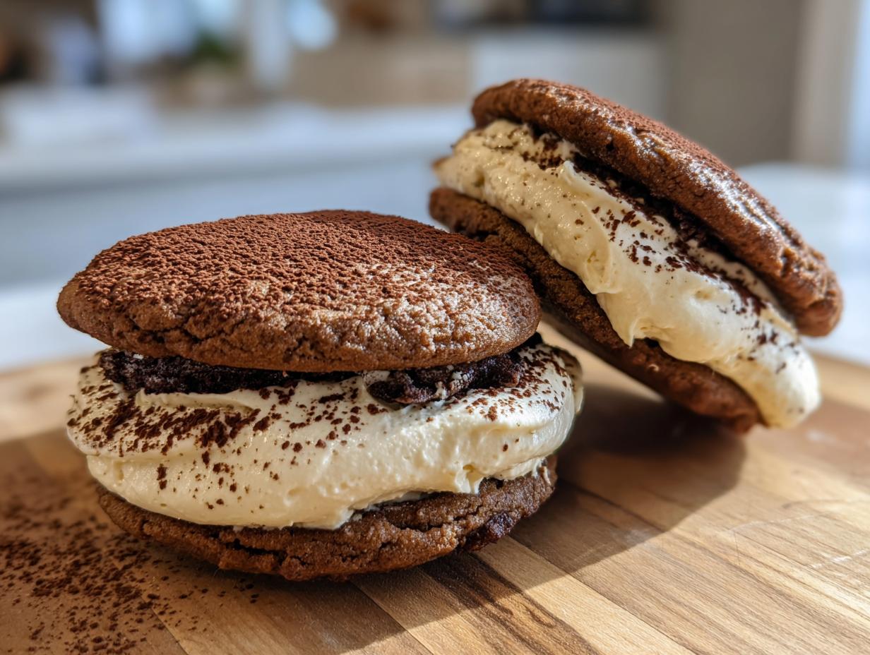 Two rich, dark chocolate tiramisu cookies sandwiched with thick, creamy mascarpone filling and dusted with cocoa powder.