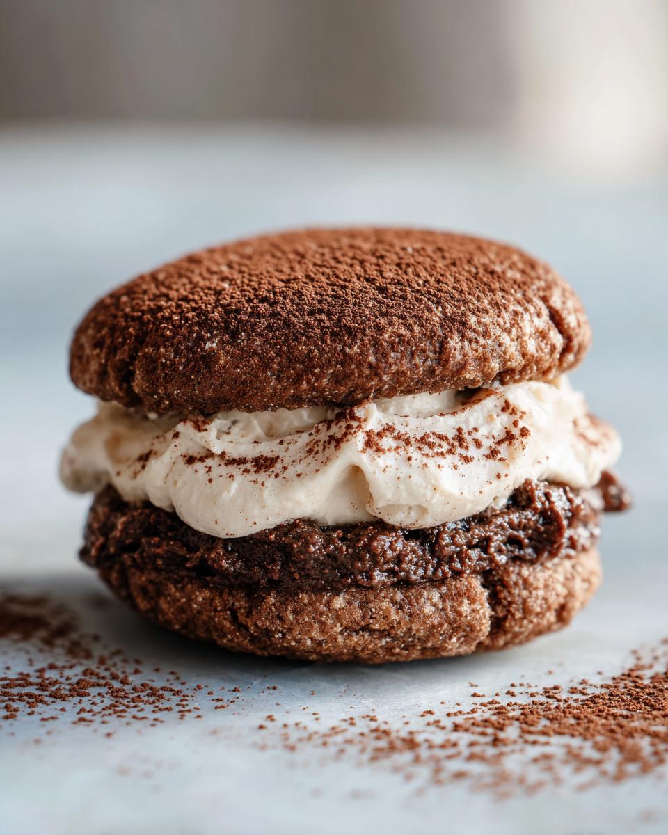 A close-up of a decadent tiramisu cookies sandwich filled with cream and dusted heavily with cocoa powder.