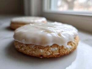 A close-up of a round sugar cookie topped with a thick layer of white sugar cookie icing recipe.