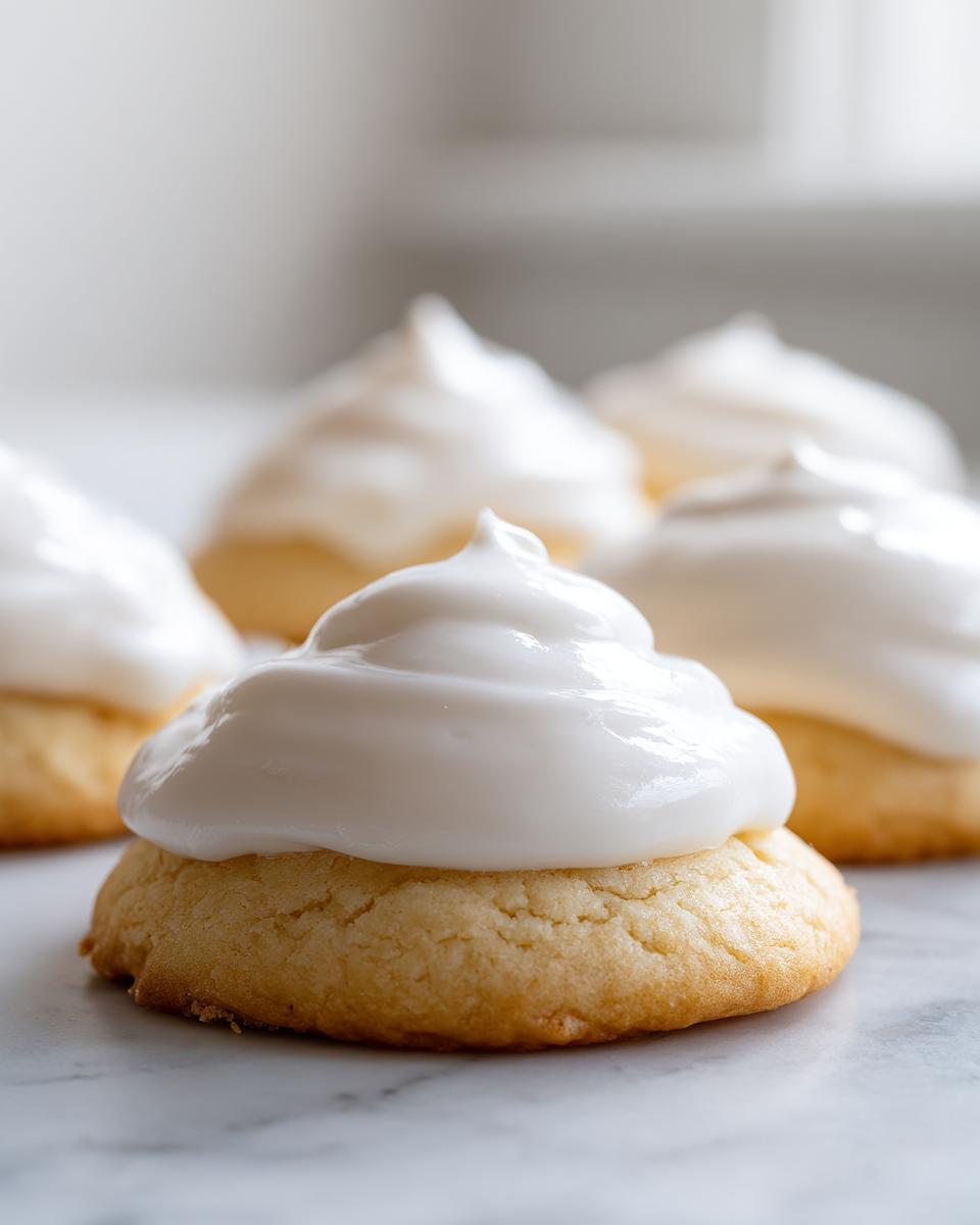 Close-up of a soft sugar cookie topped with a thick swirl of white sugar cookie icing recipe.