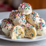 A pile of white chocolate-coated sugar cookie truffles topped with rainbow sprinkles, one cut in half showing the cookie dough center.
