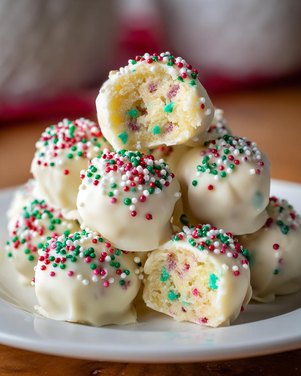 A stack of white chocolate coated sugar cookie truffles topped with red, green, and white sprinkles, one is cut open.
