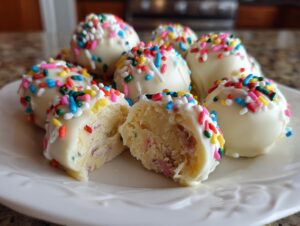 A plate of white chocolate coated sugar cookie truffles topped with rainbow sprinkles, one is cut open.