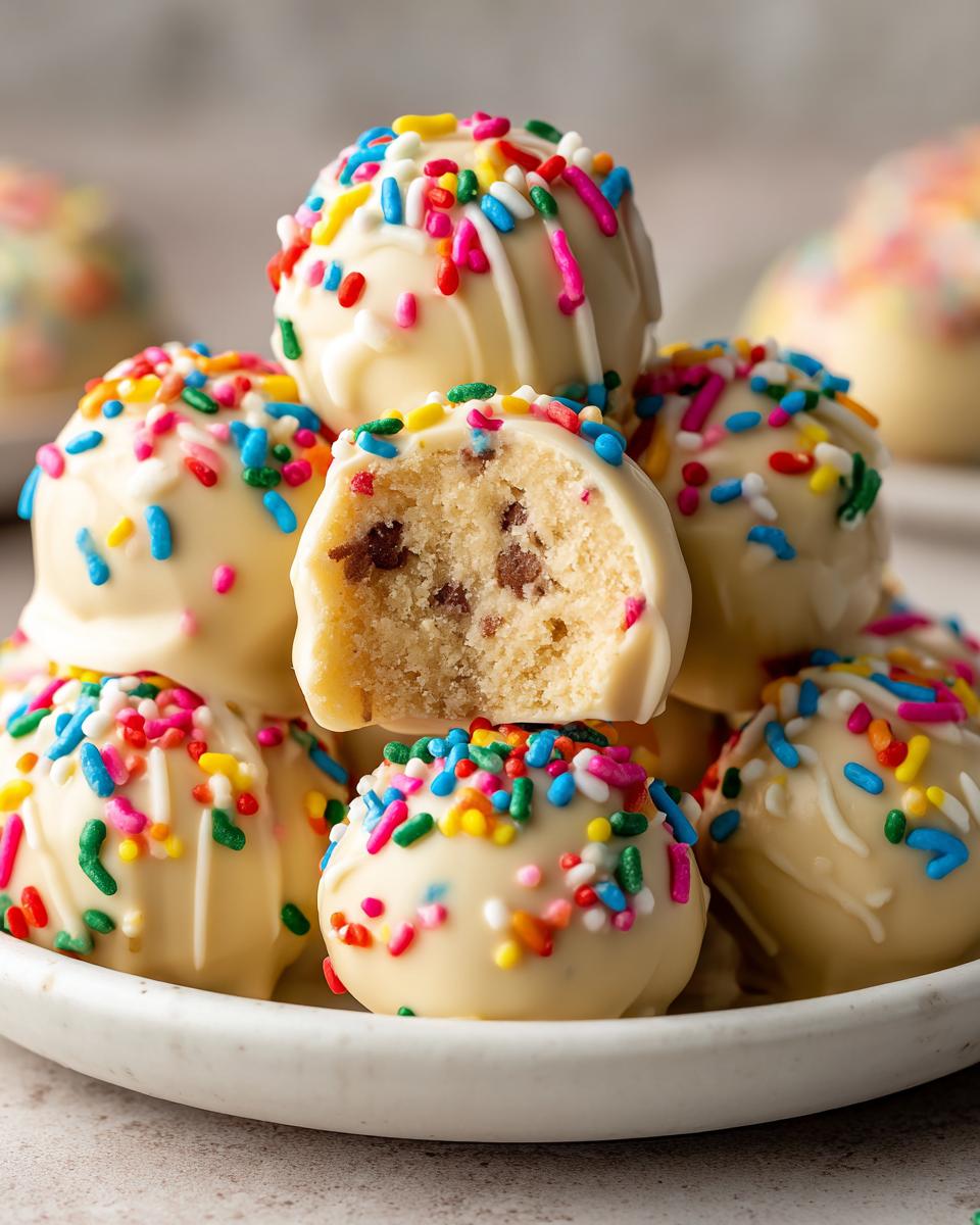 A stack of white chocolate-coated sugar cookie truffles, topped with rainbow sprinkles, one is cut open showing the cookie dough center.