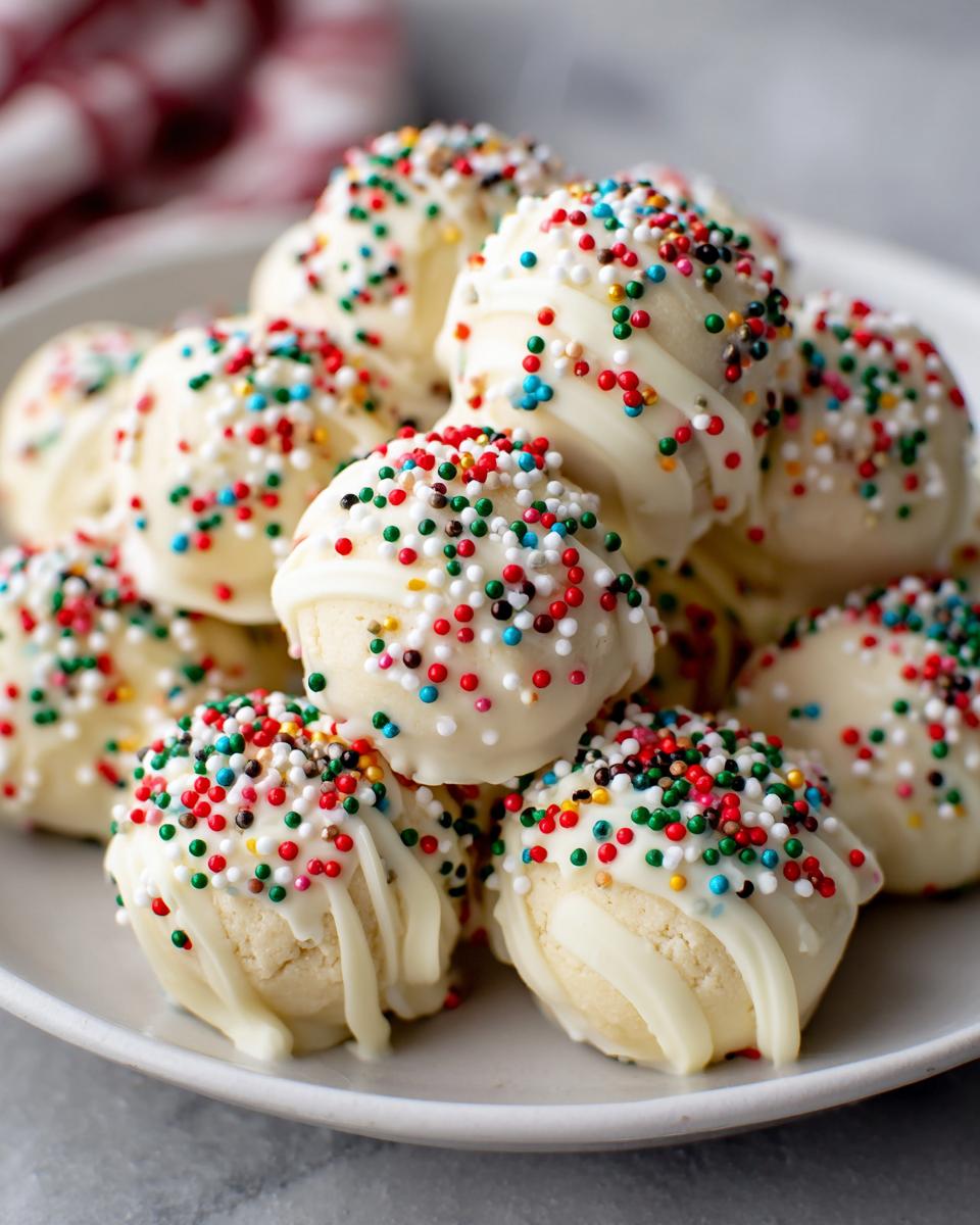 A pile of white chocolate-dipped sugar cookie truffles topped with colorful holiday sprinkles.