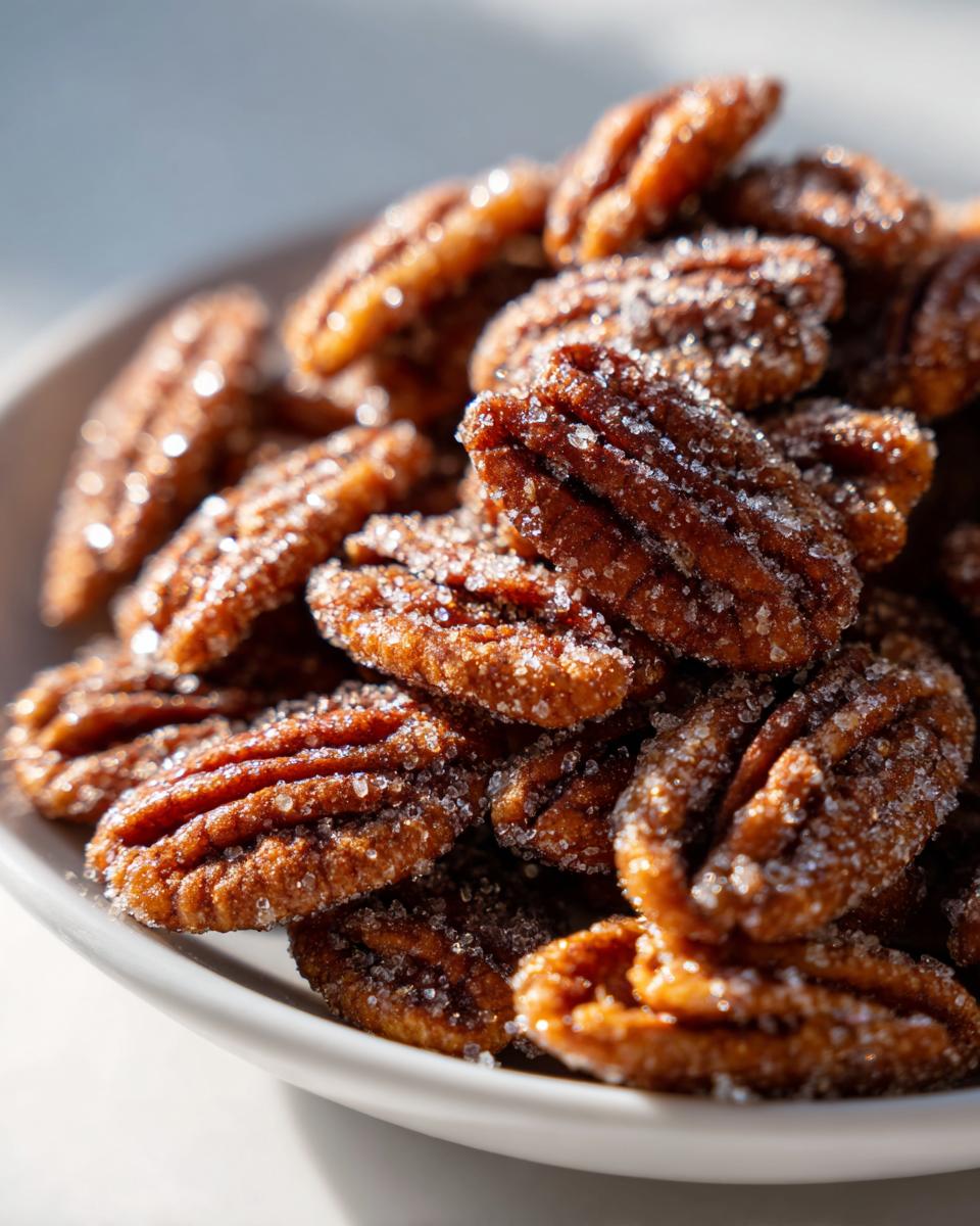 Close-up of a white bowl filled with glistening, sugary candied pecans, highlighting the crystallized sugar coating.