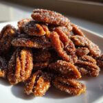 A close-up, sunlit pile of freshly made candied pecans coated in sparkling sugar crystals.