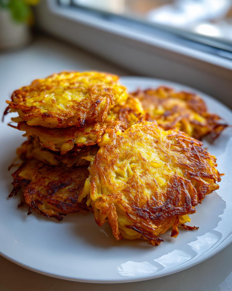 A stack of crispy, golden brown potato pancakes, showing shredded texture, served on a white plate.