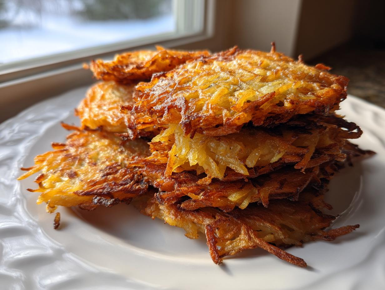 A tall stack of golden brown, crispy potato pancakes resting on a white plate near a window.