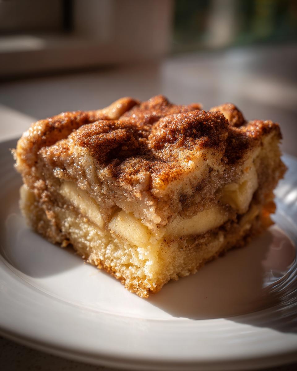 A close-up, sunlit slice of moist swedish apple cake featuring layers of soft apples and a rich cinnamon-sugar topping.