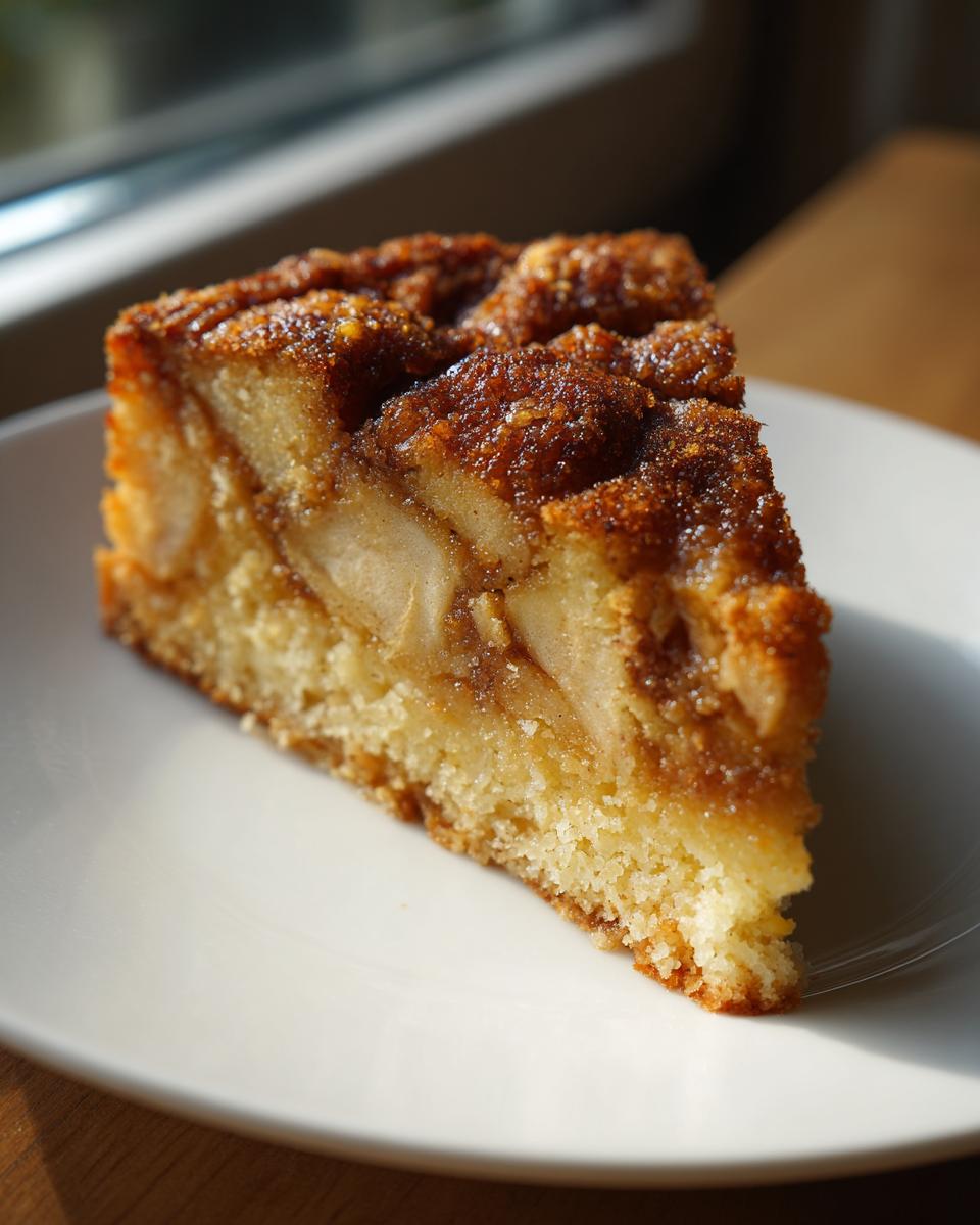 A close-up of a moist slice of swedish apple cake featuring tender apple pieces and a caramelized cinnamon-sugar topping.
