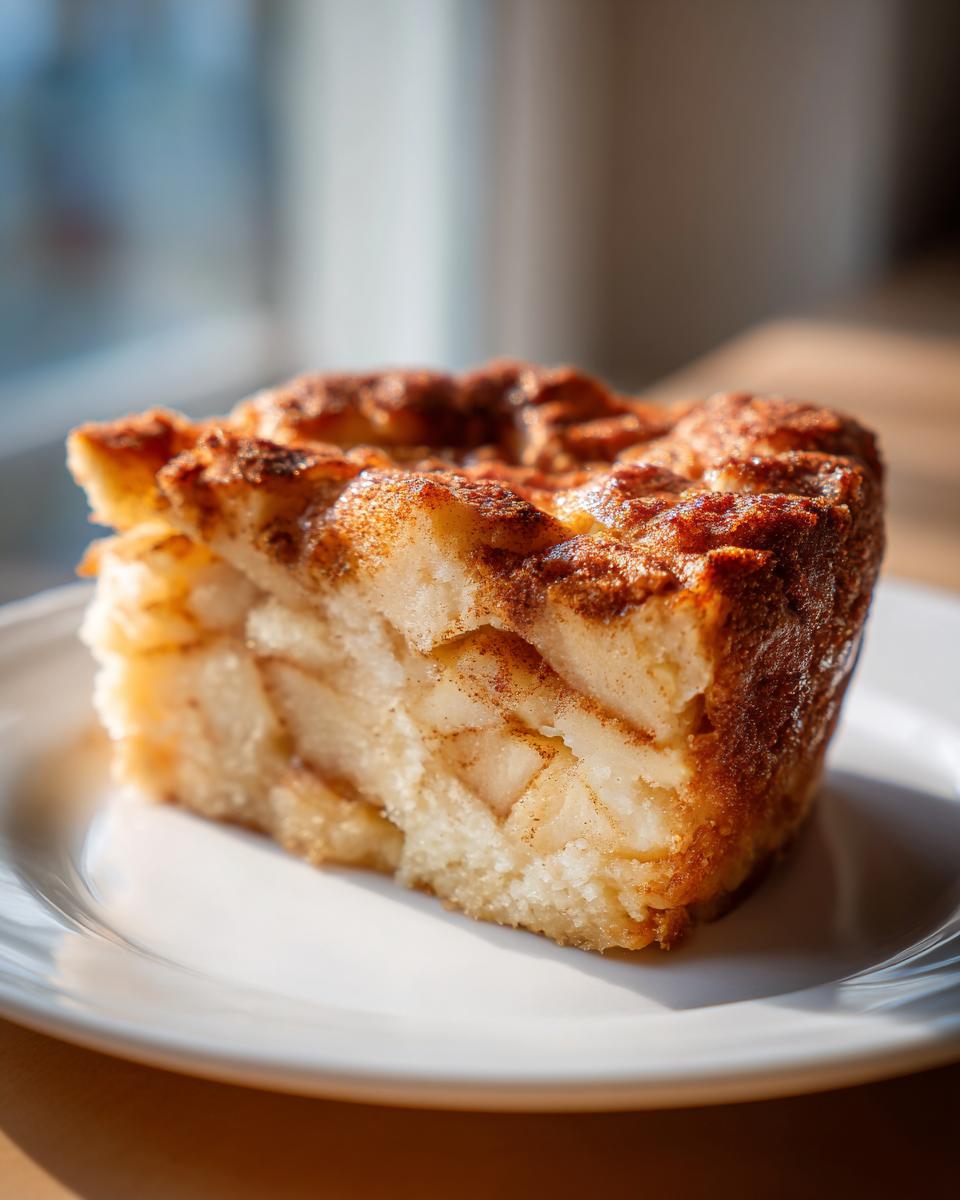 Close-up of a moist slice of swedish apple cake, showing visible apple chunks and a cinnamon-sugar crust.