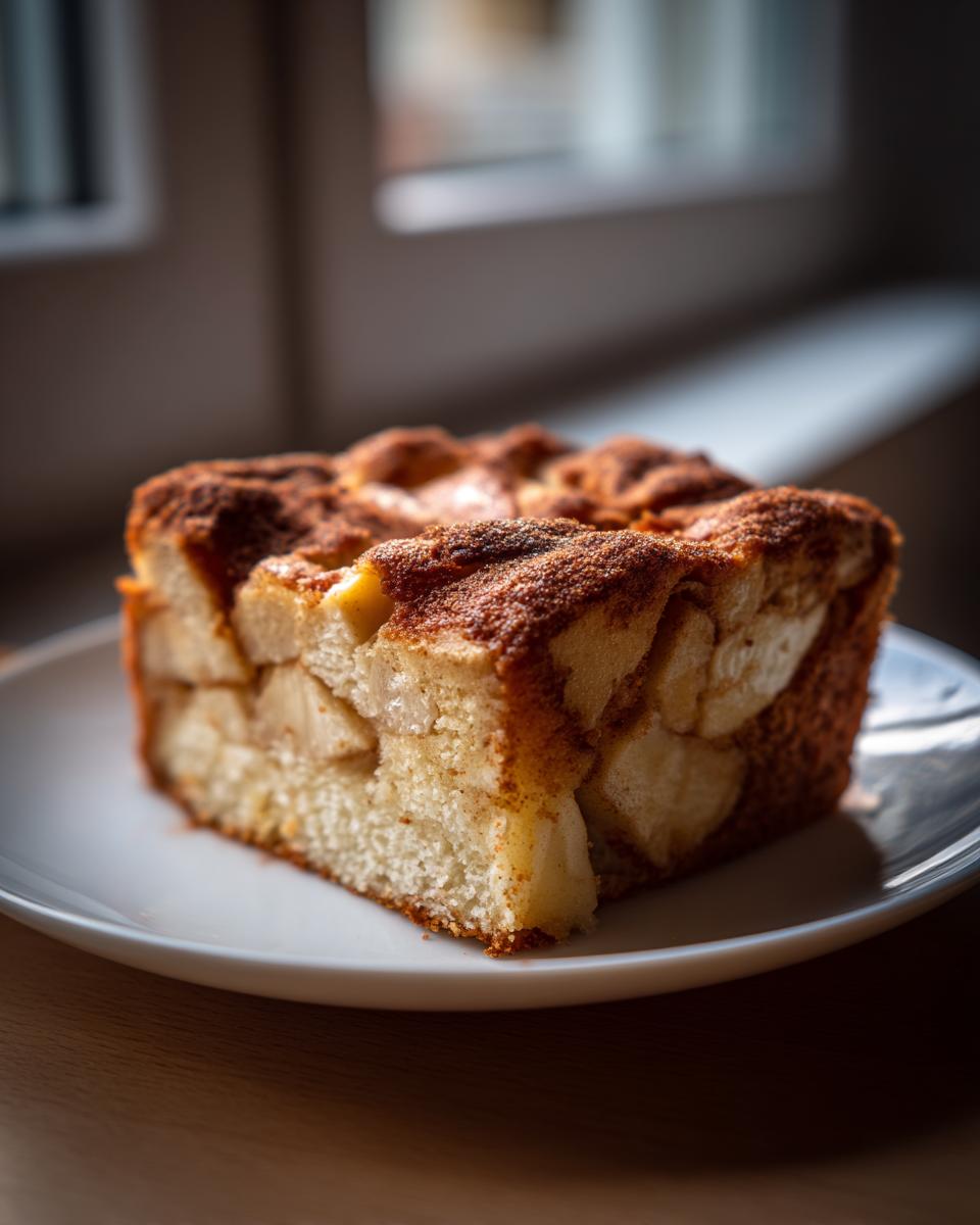 A close-up of a single slice of moist swedish apple cake, studded with apple chunks and topped with cinnamon sugar.
