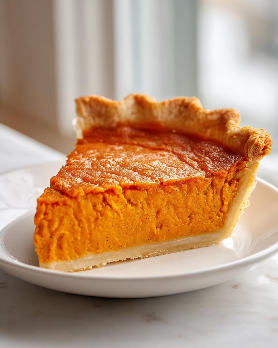 A thick slice of bright orange sweet potato pie with a flaky crust served on a white plate.