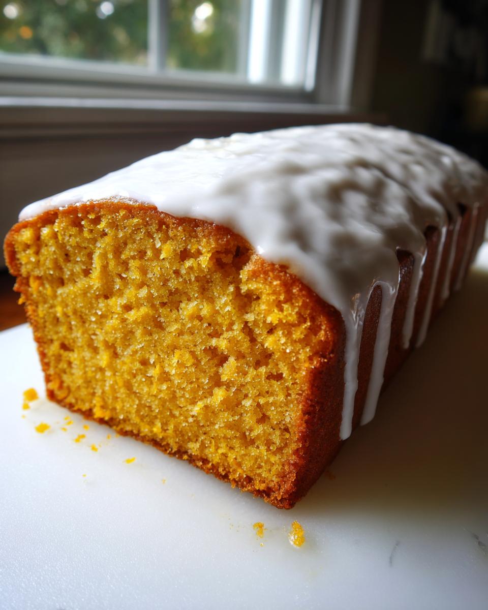 A close-up of a freshly baked sweet potato pound cake loaf with a thick white glaze dripping down the sides.