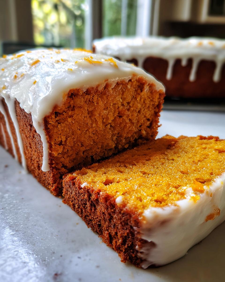 Close-up of a moist, orange-hued sweet potato pound cake slice topped with white glaze and orange zest.
