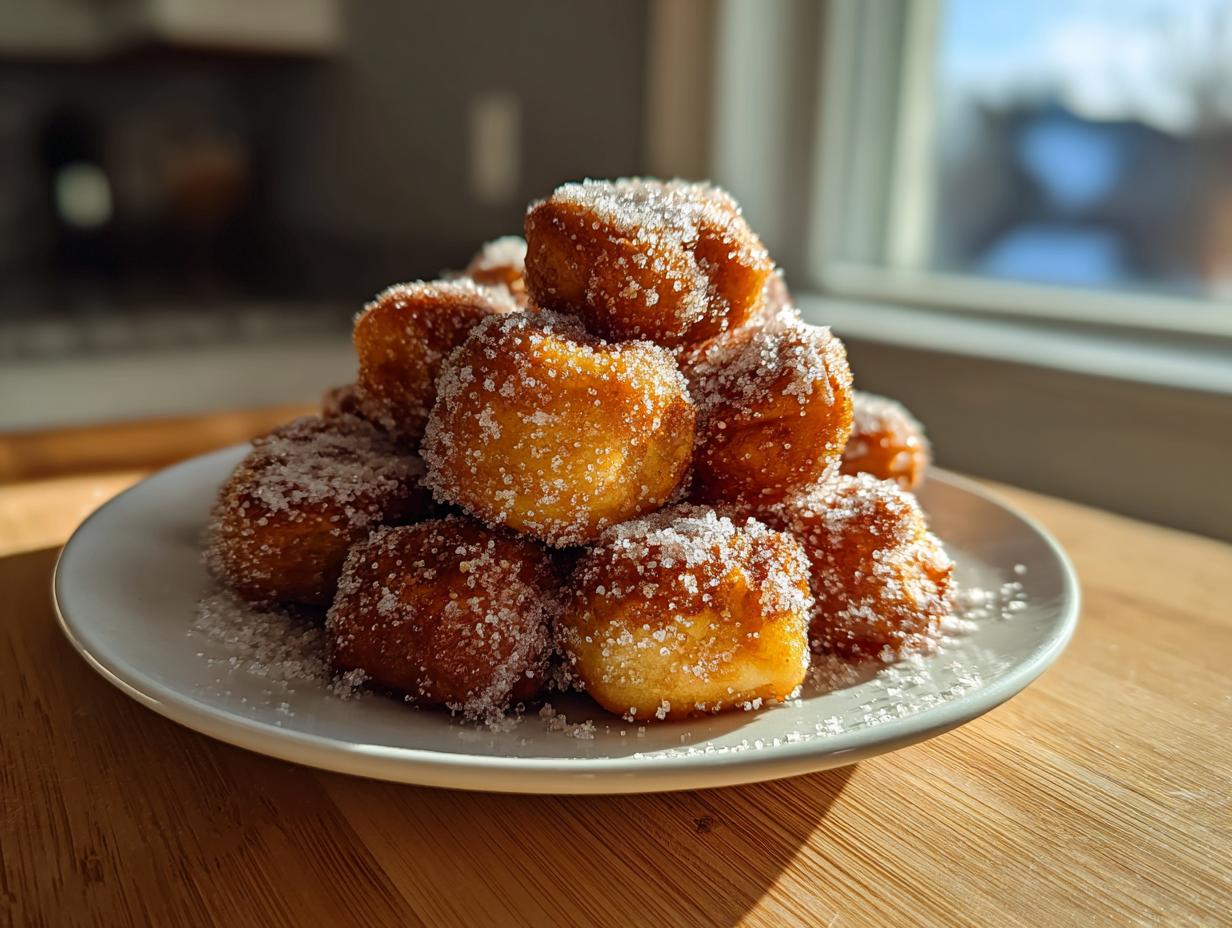 A stack of golden brown, sugar-coated pretzel bites piled high on a white plate, perfect for game day.