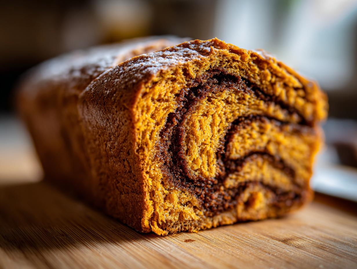 Cross-section of a rich orange pumpkin sourdough loaf showing a dark chocolate swirl pattern.