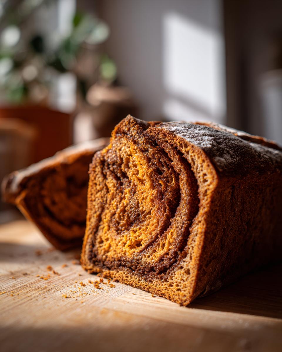 Close-up of a sliced pumpkin sourdough loaf showing the beautiful orange and dark swirl pattern inside.