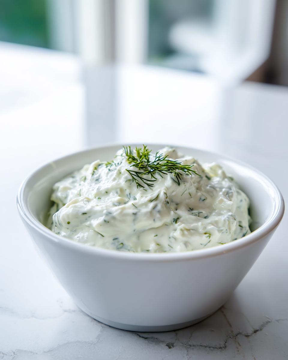 Close-up of creamy homemade tartar sauce recipe garnished with fresh dill in a white bowl.