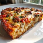 A thick, hearty slice of chicken crust pizza showing the textured base, melted cheese, and tomato sauce topping.