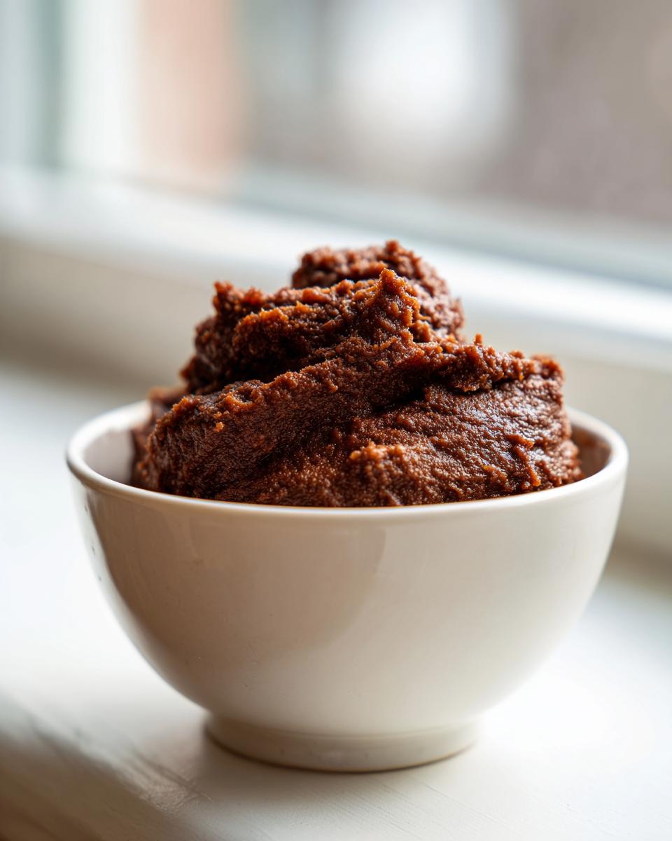 A close-up of thick, dark brown homemade apple butter mounded high in a small white bowl.