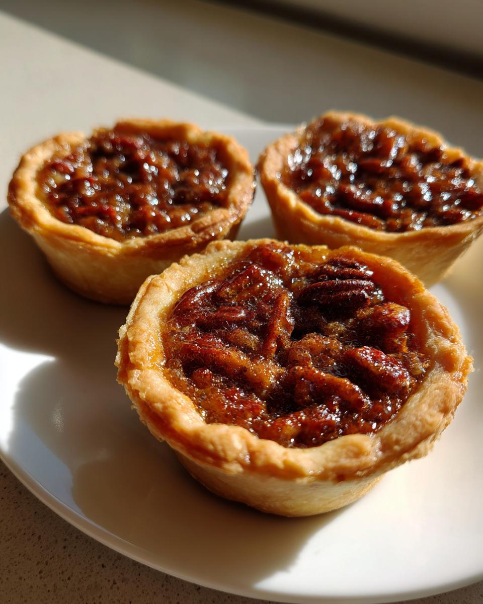 Close-up of three glistening mini pecan pies with flaky crusts sitting on a white plate.