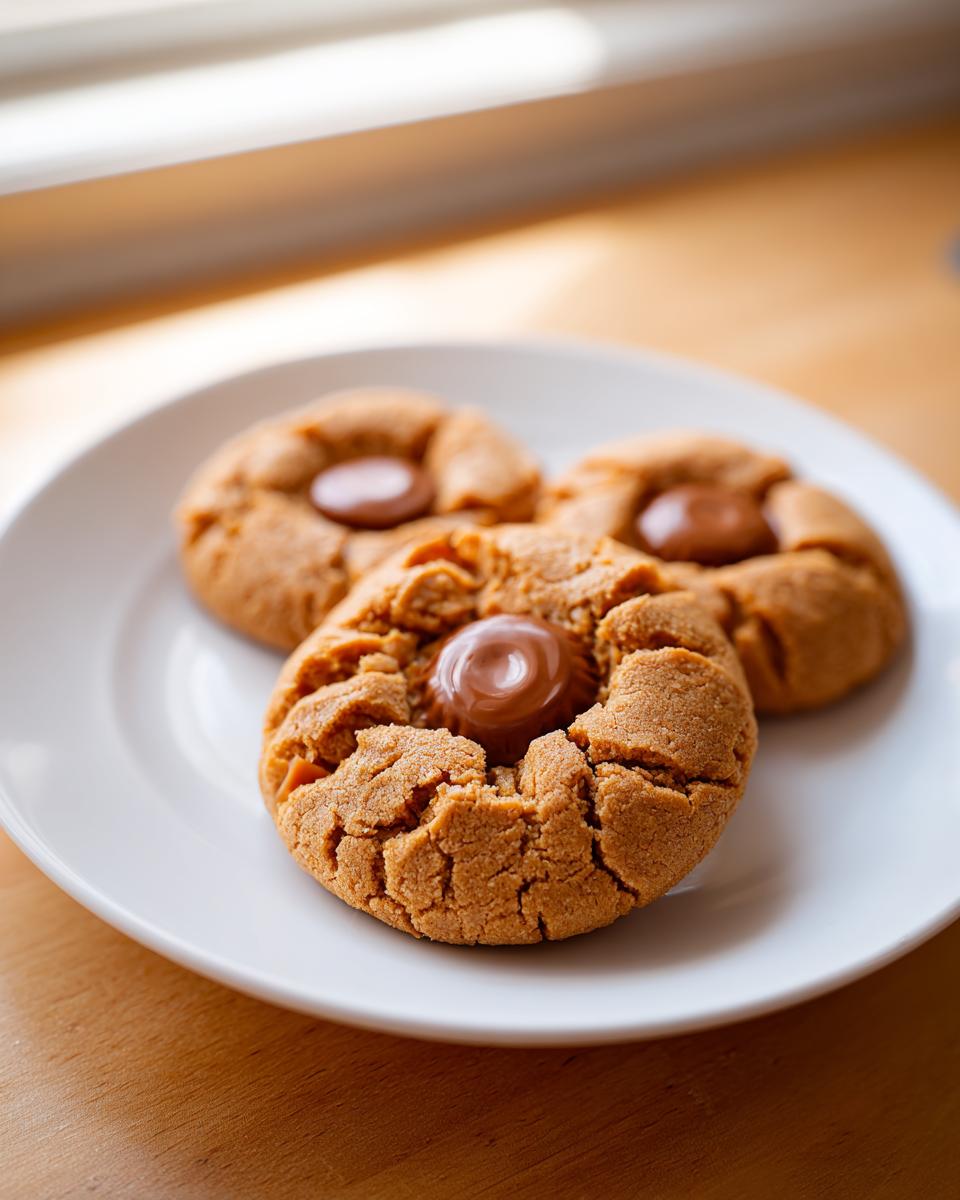 Three freshly baked peanut butter cup cookies with melted chocolate centers resting on a white plate.