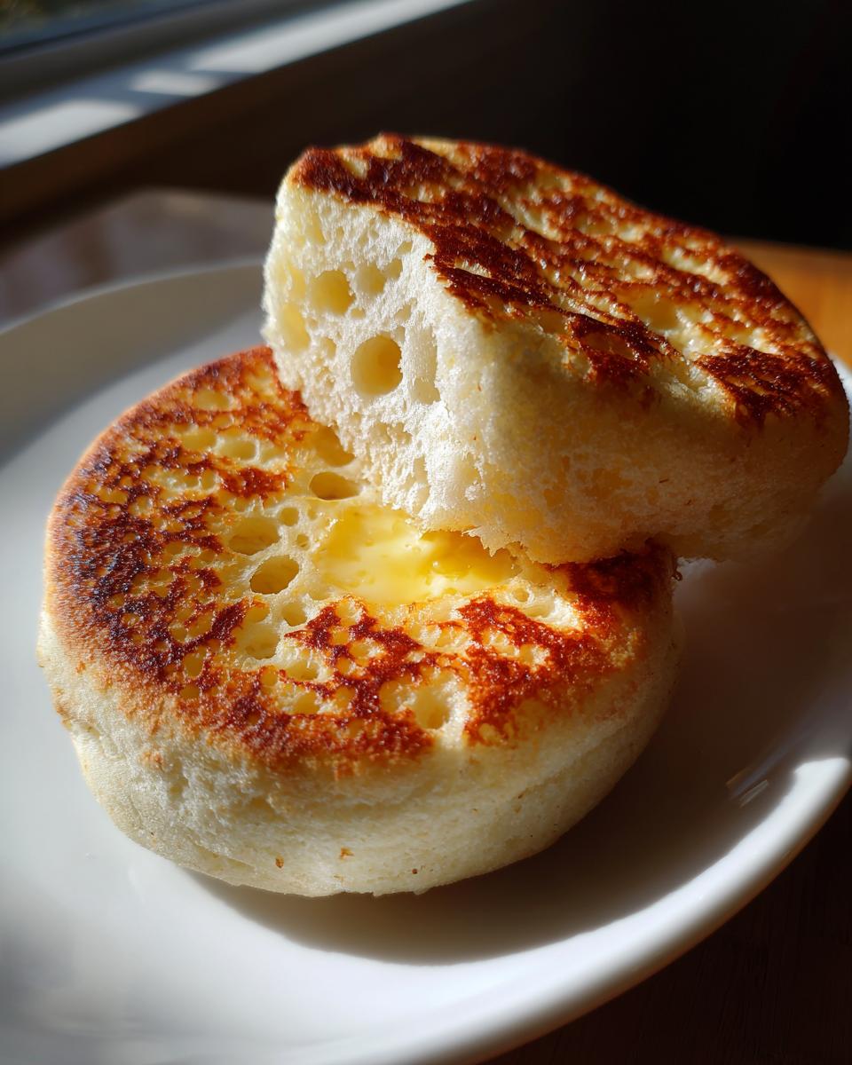 Close-up of two halves of a toasted homemade english muffin, showing the iconic holes filled with melting butter.