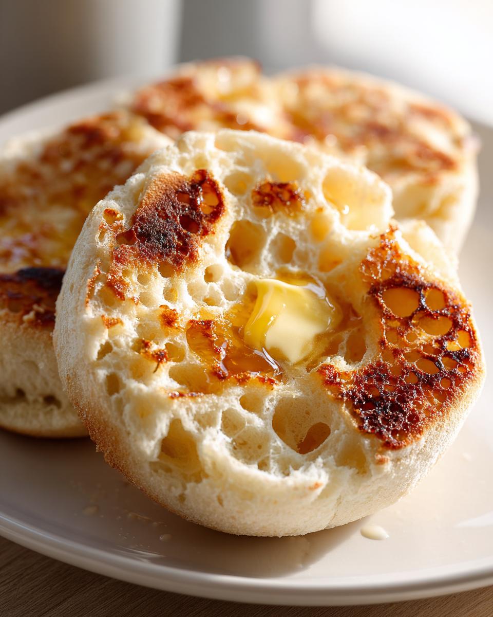 Close-up of a split, toasted homemade english muffin with melting butter and syrup in its nooks and crannies.