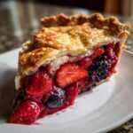 A close-up of a juicy slice of triple berry pie showing strawberries and blackberries with a flaky, golden-brown top crust.