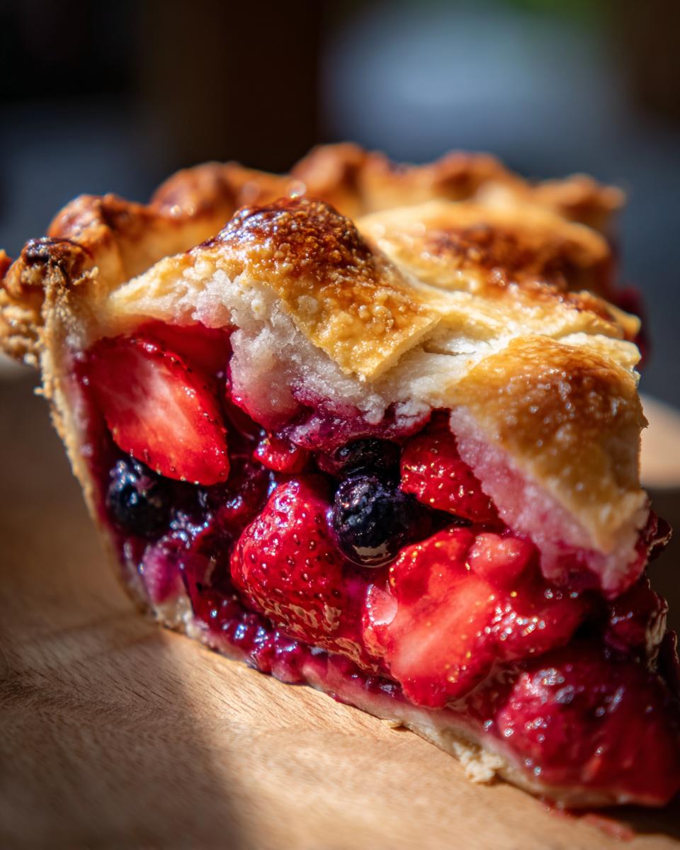 Close-up of a slice of triple berry pie showing juicy strawberries and blueberries filling and a flaky, golden-brown crust.