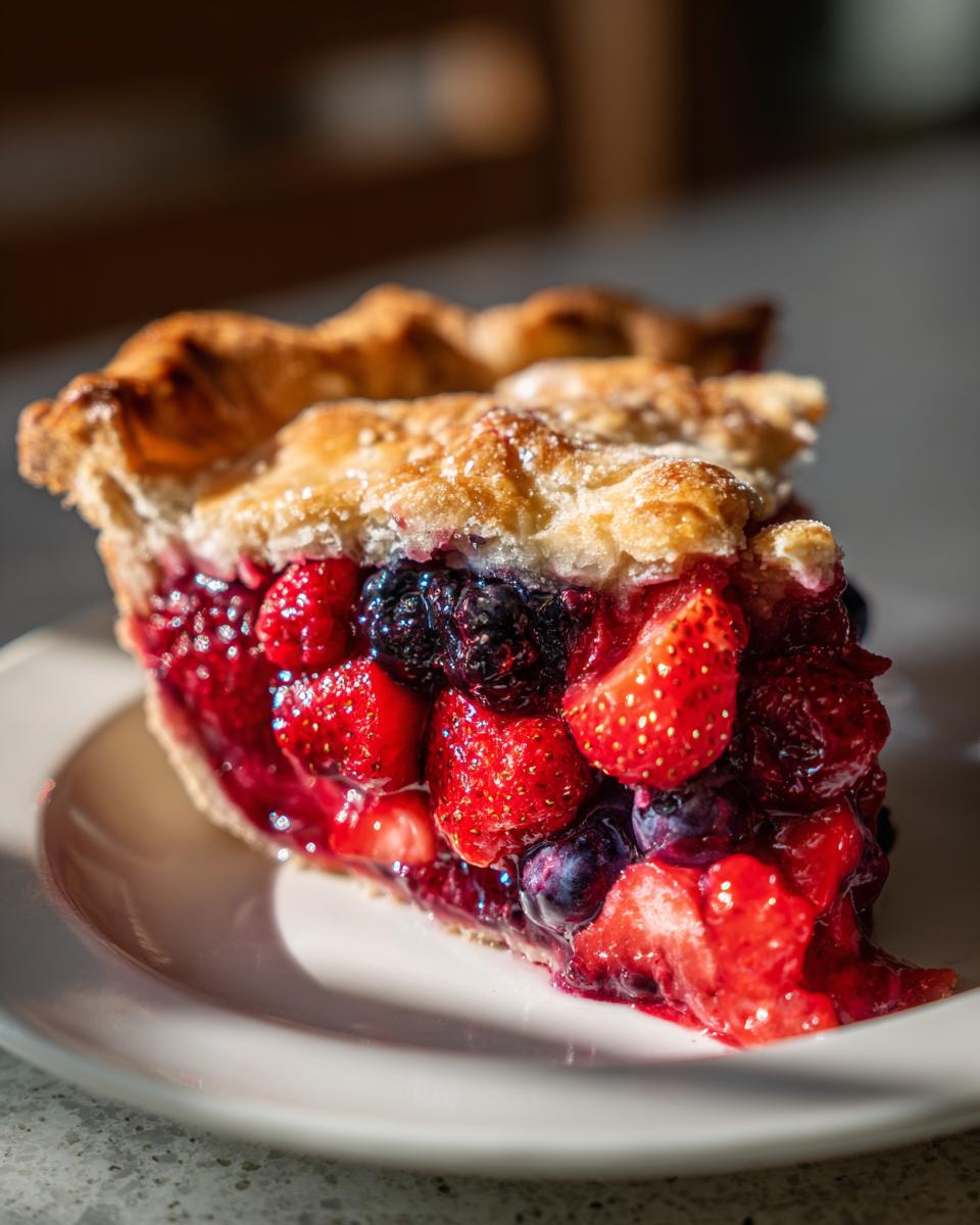 A close-up of a juicy slice of triple berry pie showing strawberries, blueberries, and blackberries filling.