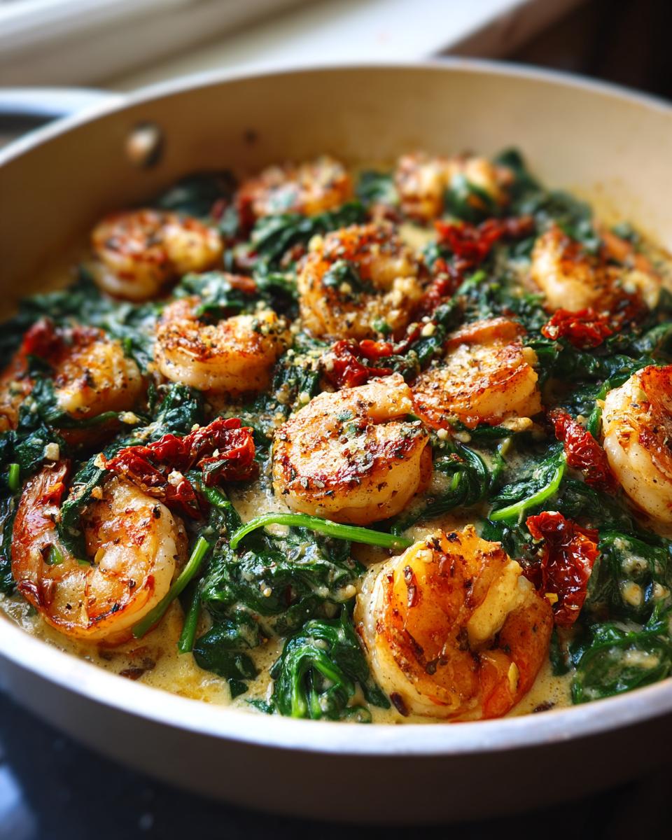 Close-up of perfectly seared Tuscan shrimp nestled in creamy spinach and sun-dried tomatoes.