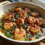 Close-up of perfectly seared Tuscan shrimp swimming in a creamy sauce with spinach and sun-dried tomatoes.