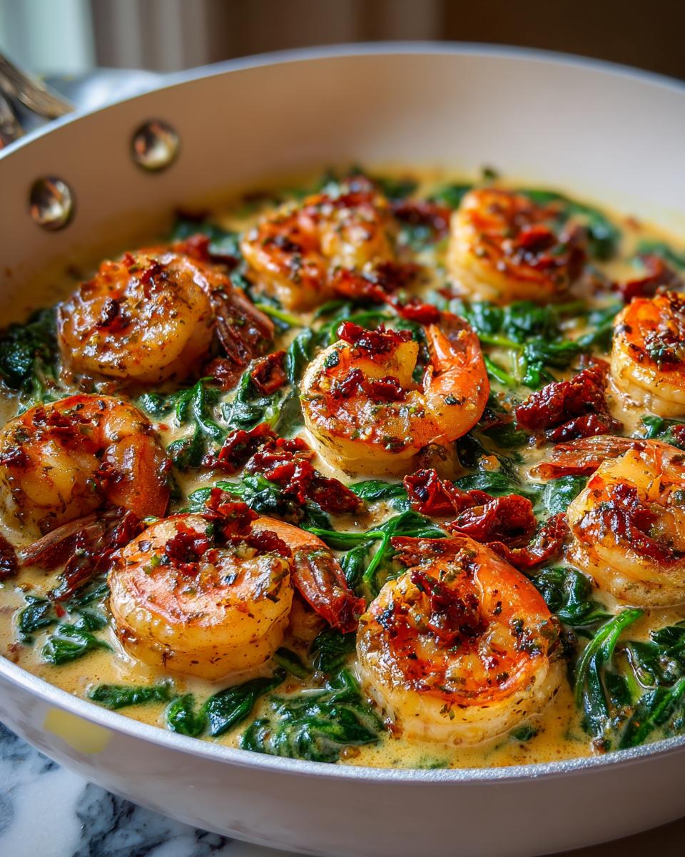 Close-up of perfectly cooked Tuscan shrimp served in a creamy sauce with spinach and sun-dried tomatoes.