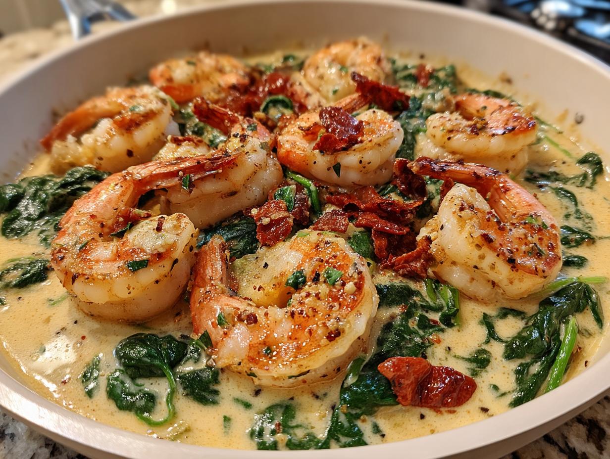 Plump, seared shrimp served in a creamy sauce with wilted spinach and sun-dried tomatoes, highlighting the Tuscan shrimp dish.
