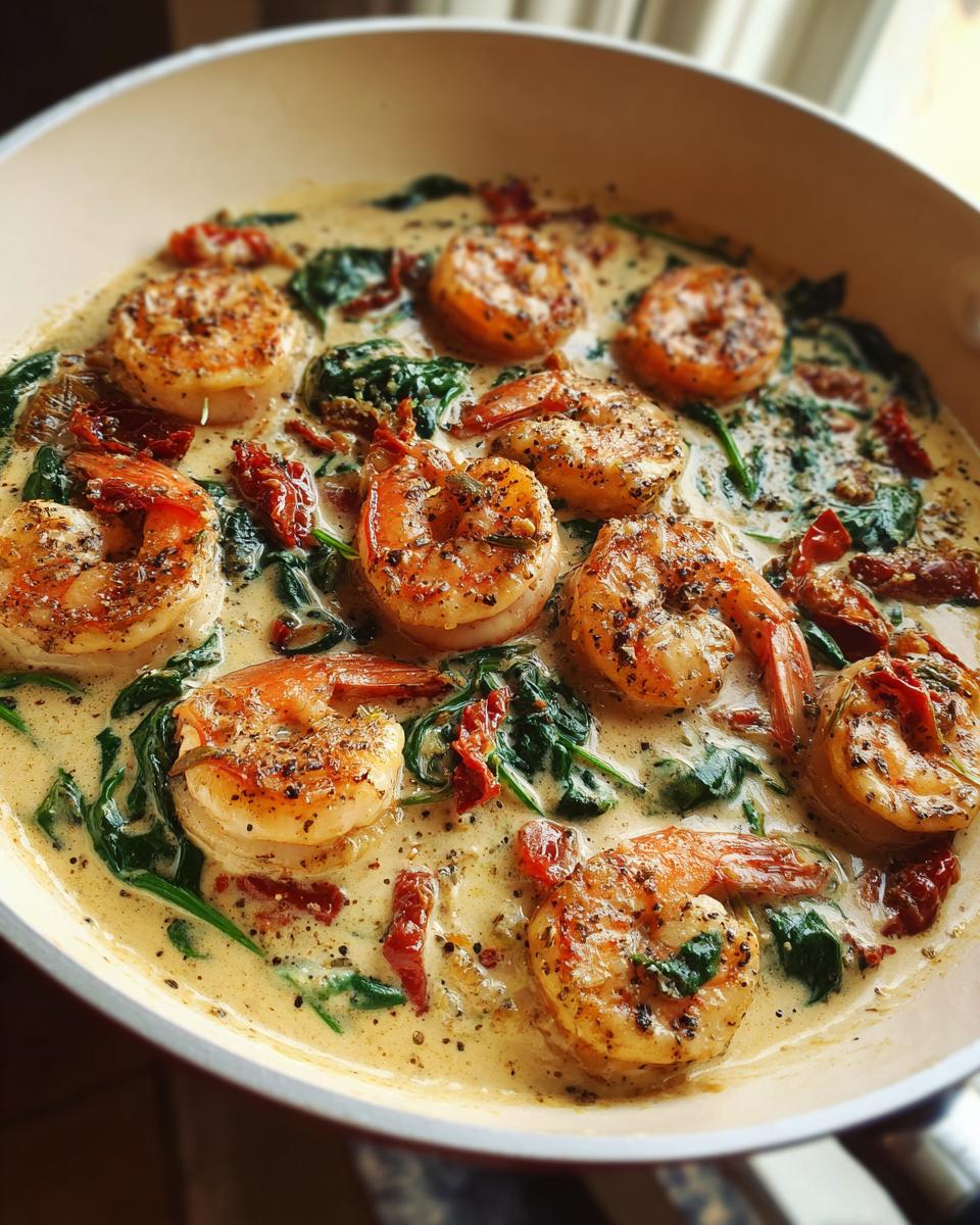 Close-up of seasoned Tuscan shrimp simmering in a creamy sauce with spinach and sun-dried tomatoes.