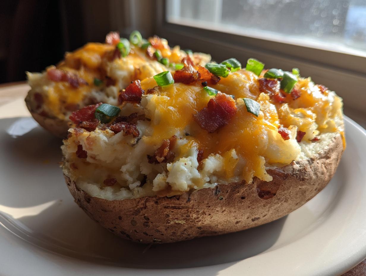 Close-up of a delicious twice baked potato overflowing with mashed filling, melted cheddar cheese, bacon bits, and green onions.