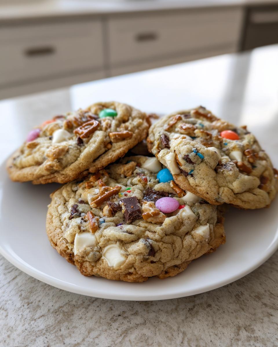 Four thick, chewy kitchen sink cookies loaded with colorful candies, pretzels, and white chocolate chips on a white plate.