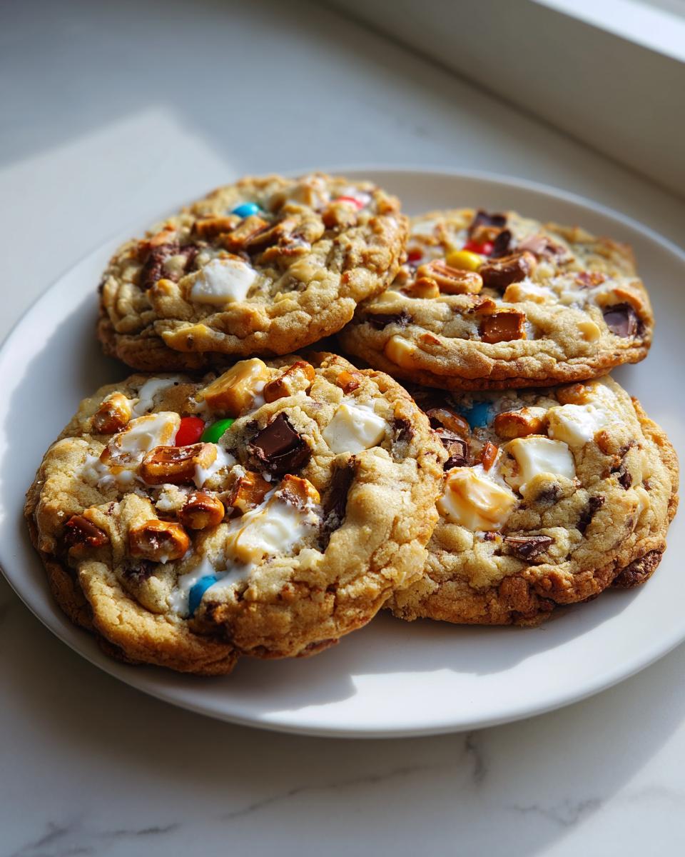 Four freshly baked kitchen sink cookies loaded with chocolate, marshmallows, and pretzels, sitting on a white plate.