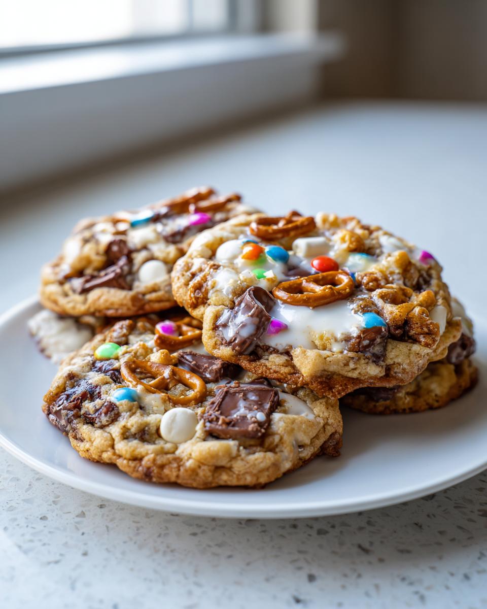 A stack of loaded kitchen sink cookies featuring chocolate chunks, pretzels, and colorful candies on a white plate.