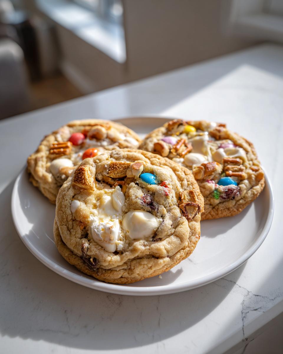 Three large, thick kitchen sink cookies loaded with colorful candies, white chocolate, and pretzels, sitting on a white plate.