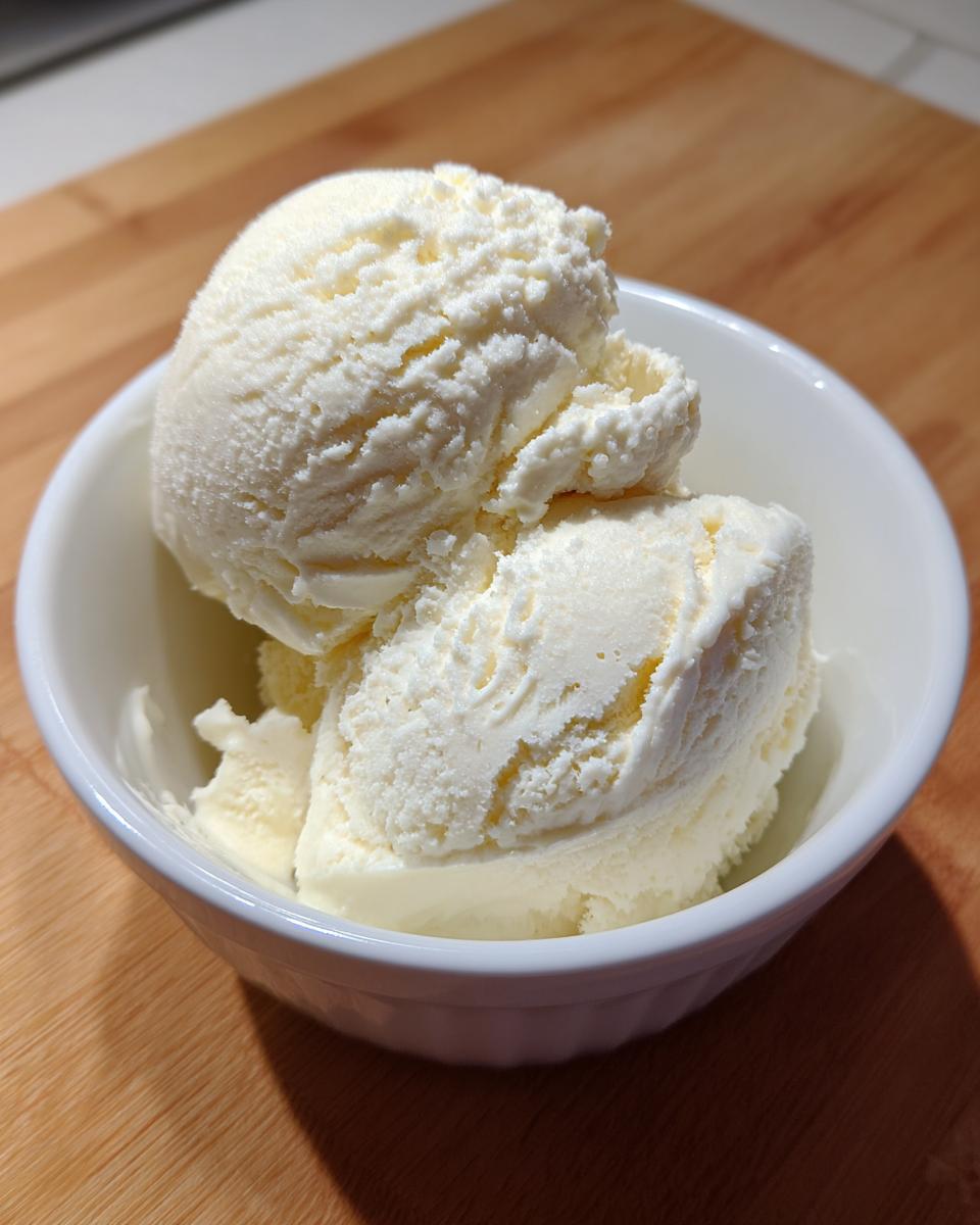 Close-up of creamy, vanilla-colored protein ice cream scooped into a small white bowl on a wooden surface.