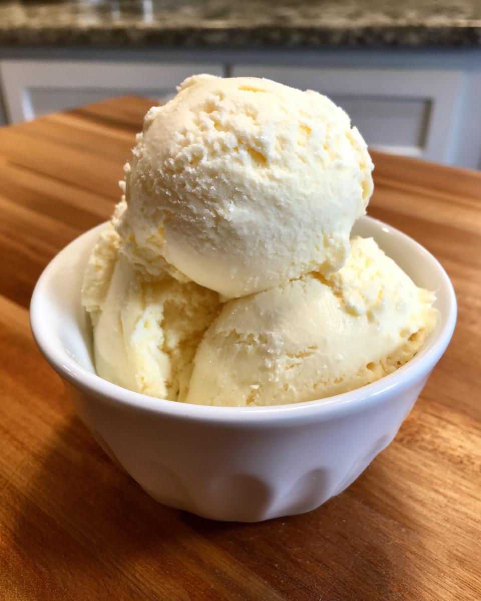 Three scoops of creamy vanilla protein ice cream served in a small white bowl on a wooden surface.