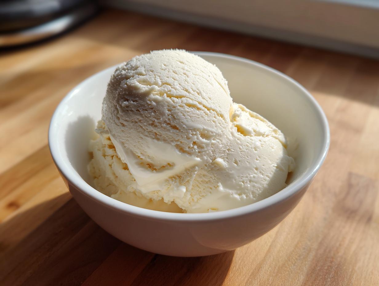 Two scoops of creamy vanilla protein ice cream served in a small white bowl on a wooden countertop.