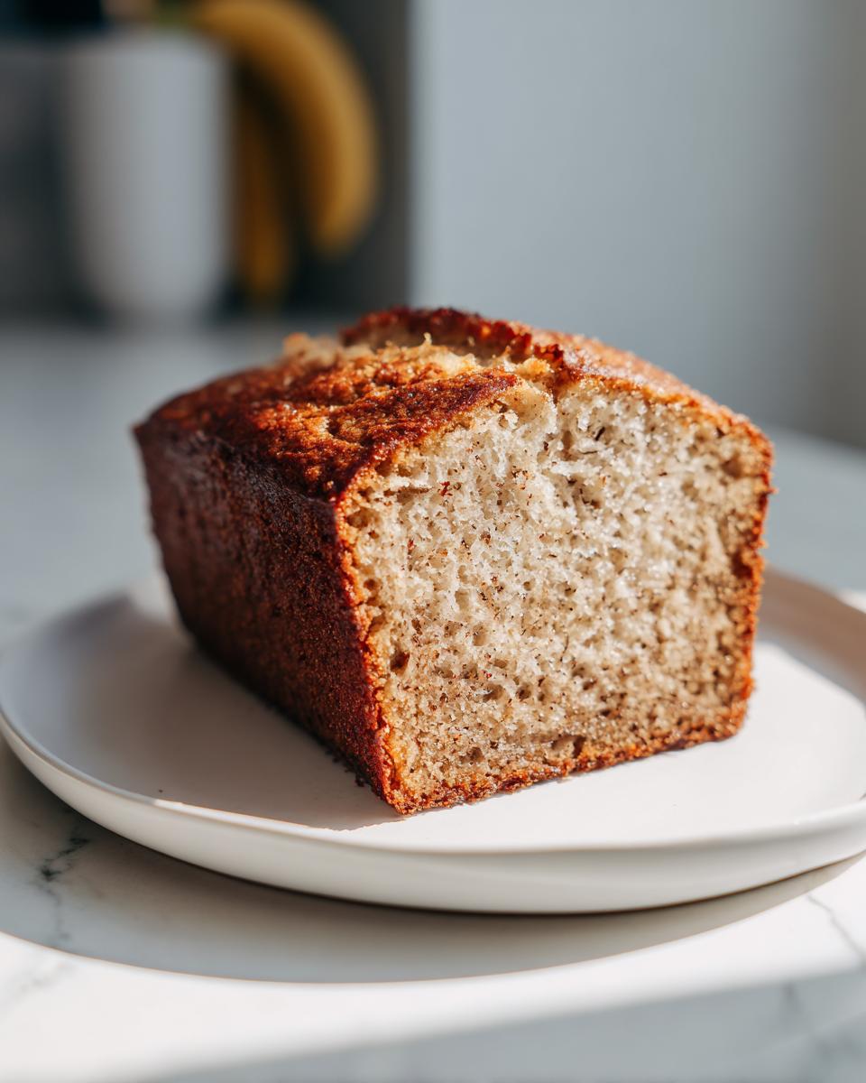 A close-up shot of a perfectly baked slice of vegan banana bread on a white plate, showing its moist crumb.