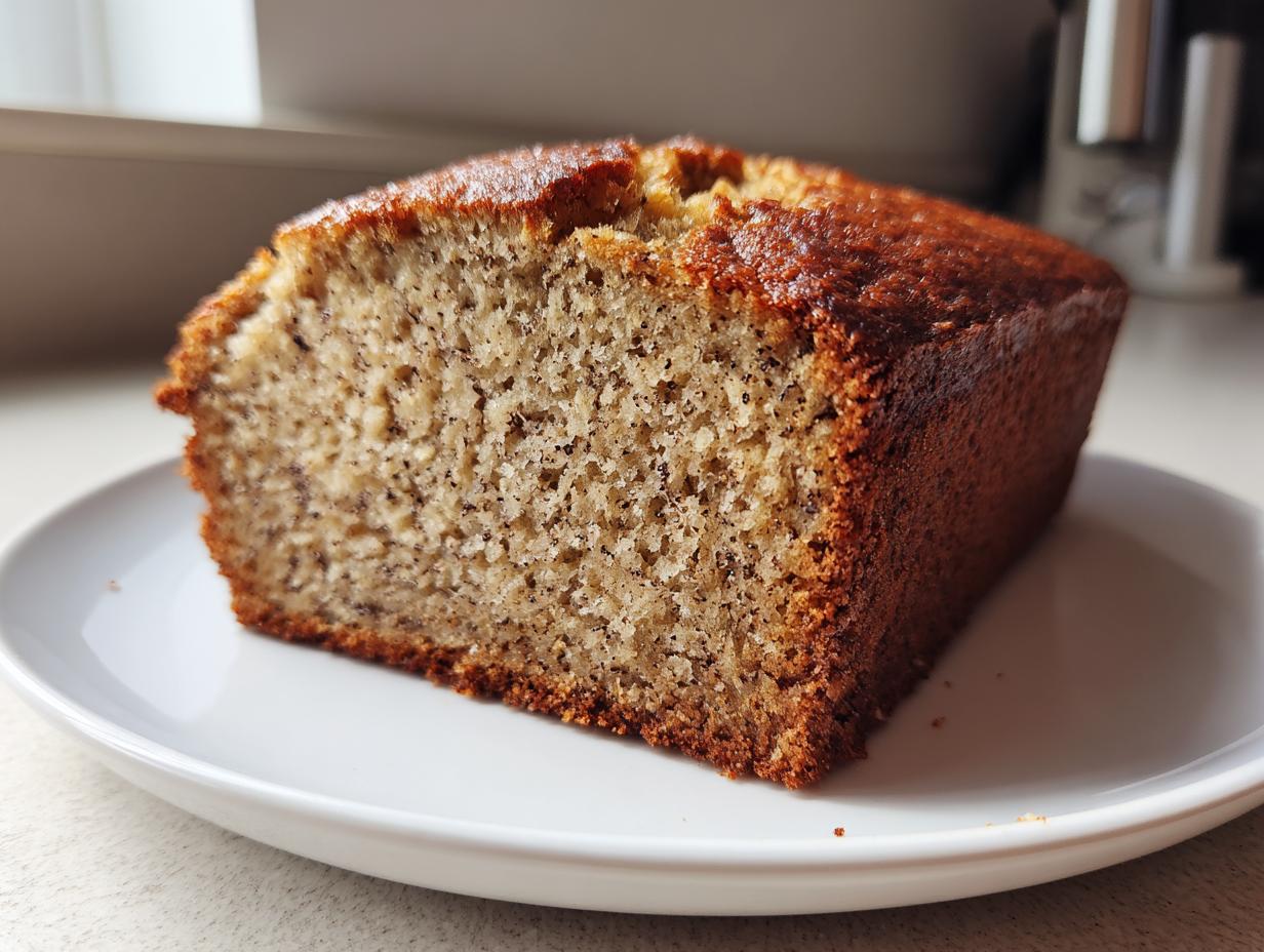 Close-up of a thick slice of moist vegan banana bread showing its speckled crumb texture on a white plate.